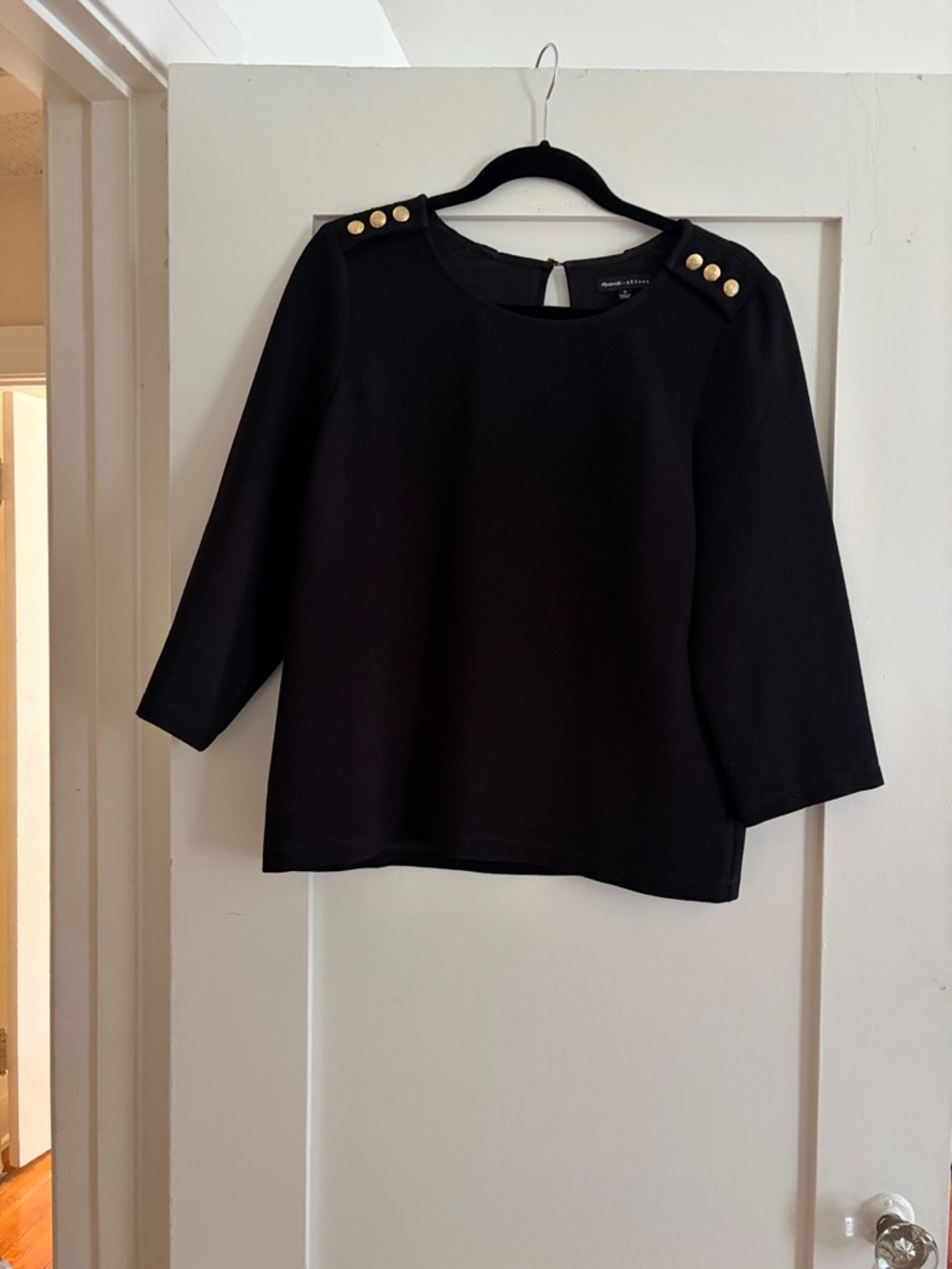 Sezane Black Blouse with Gold Shoulder Buttons